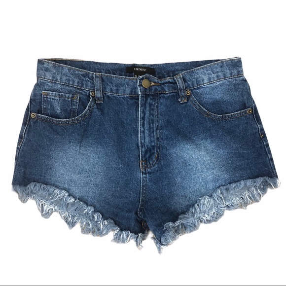 Forever 21 High Rise Distressed Shorts Dark Wash - Picture 1 of 6